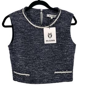 BRAND NEW McGinn Sleeveless Blouse Tweed Shell Top Blue White Size S MSRP $128